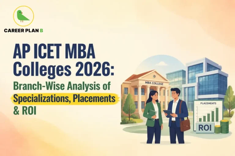 Illustration of MBA college, students, and placement chart, featuring Career Plan B logo and AP ICET MBA colleges.