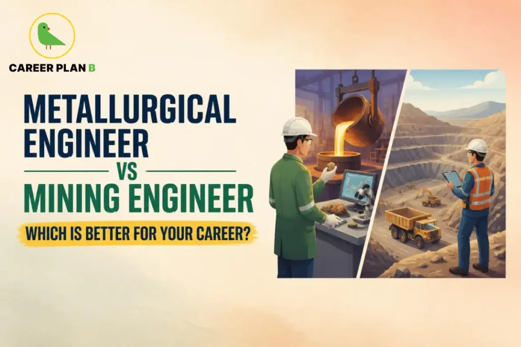 Illustration comparing Metallurgical Engineer vs Mining Engineer with metal production and open-pit mining operations.