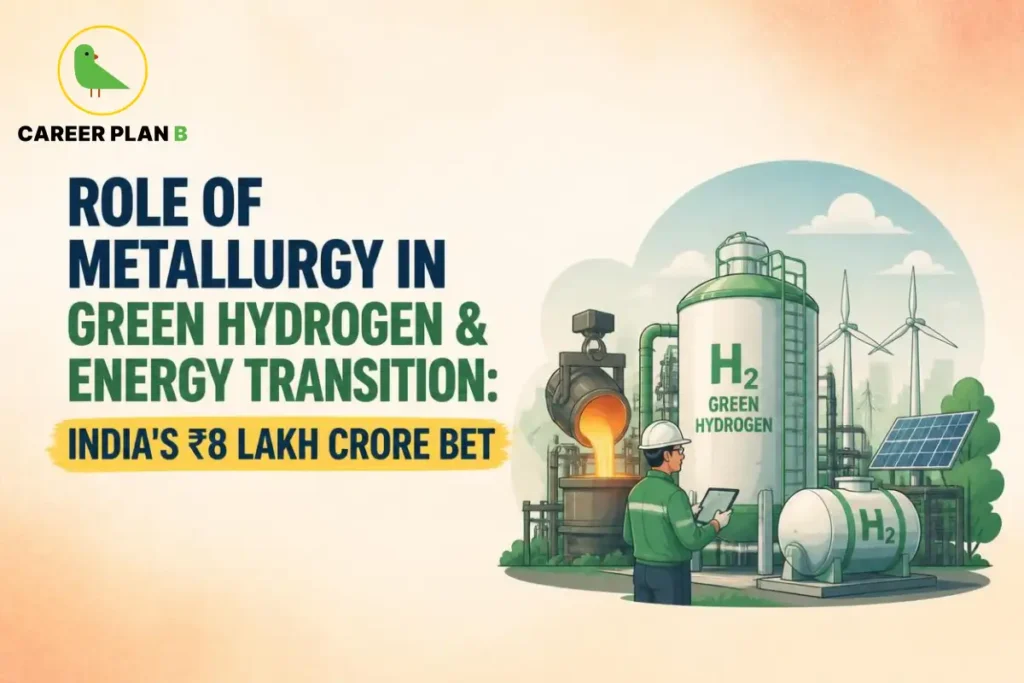 Illustration of metallurgy in green hydrogen with hydrogen storage, renewable energy systems, and industrial metal processing.
