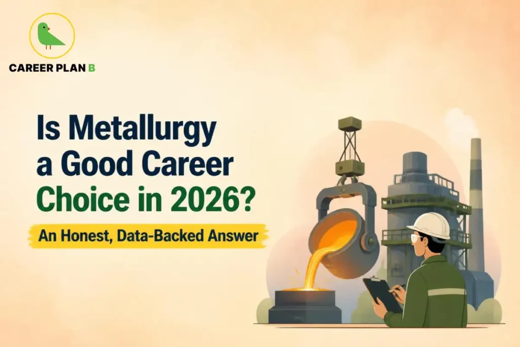 Illustration of metallurgy as a good career choice with an engineer inspecting molten metal in an industrial plant.