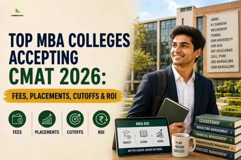 Top MBA colleges accepting CMAT 2026 infographic highlighting fees, placements, cutoffs, and ROI, featuring a smiling student on campus with a tablet, and the Career Plan B logo showing a green bird silhouette inside a gold circle.