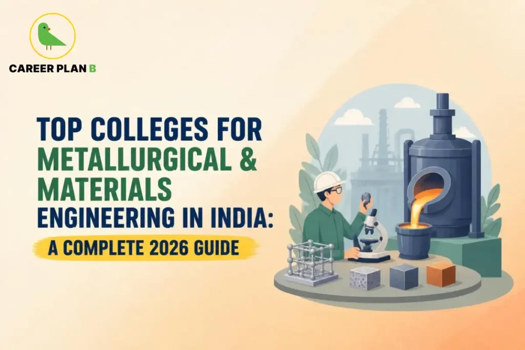 Illustration of top colleges for metallurgical and materials engineering in India featuring materials testing, laboratory research, and metal casting.