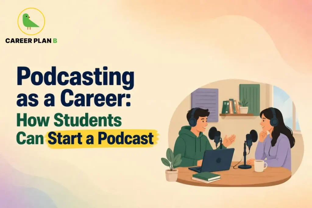 Career Plan B graphic showing podcasting as a career, with students recording a podcast using microphones and headphones.