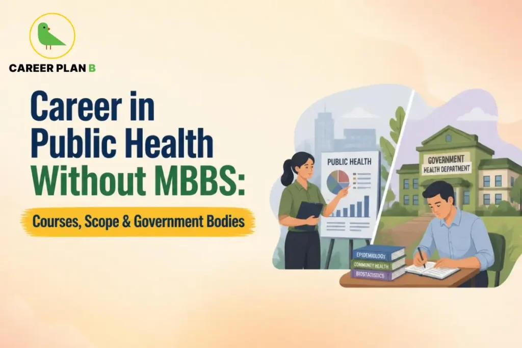 Career Plan B graphic showing a career in public health without an MBBS, featuring public health, epidemiology, biostatistics, and government health departments.