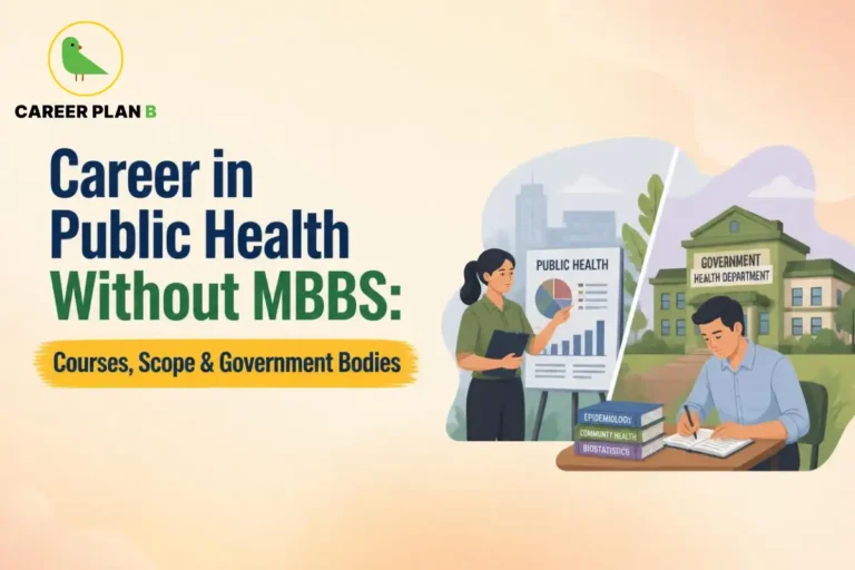 Career Plan B graphic showing a career in public health without an MBBS, featuring public health, epidemiology, biostatistics, and government health departments.