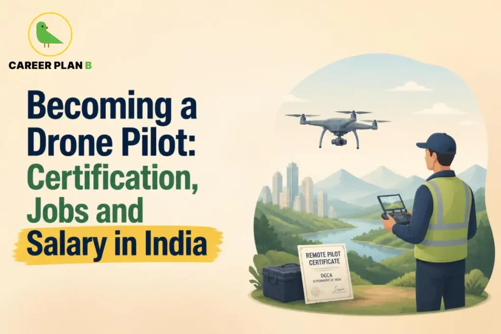 Career Plan B logo appears above a drone pilot operating a controller near a flying drone.