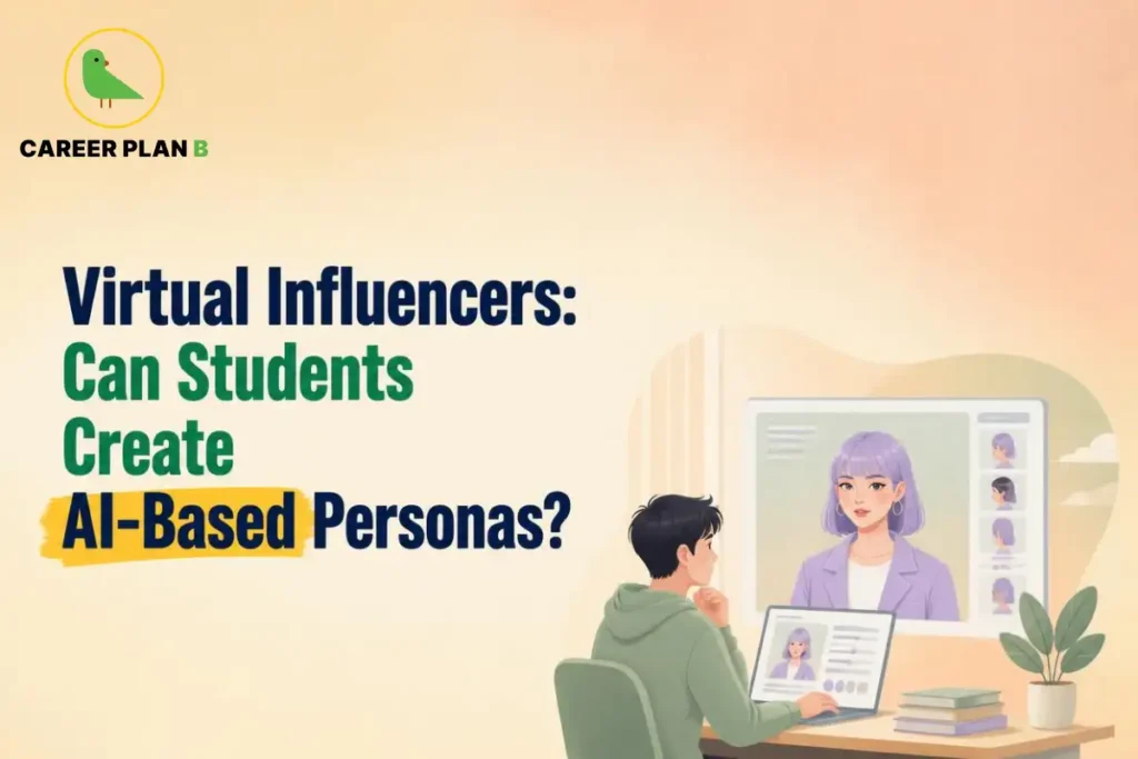 Career Plan B logo appears above a student viewing an AI-based virtual influencer persona.