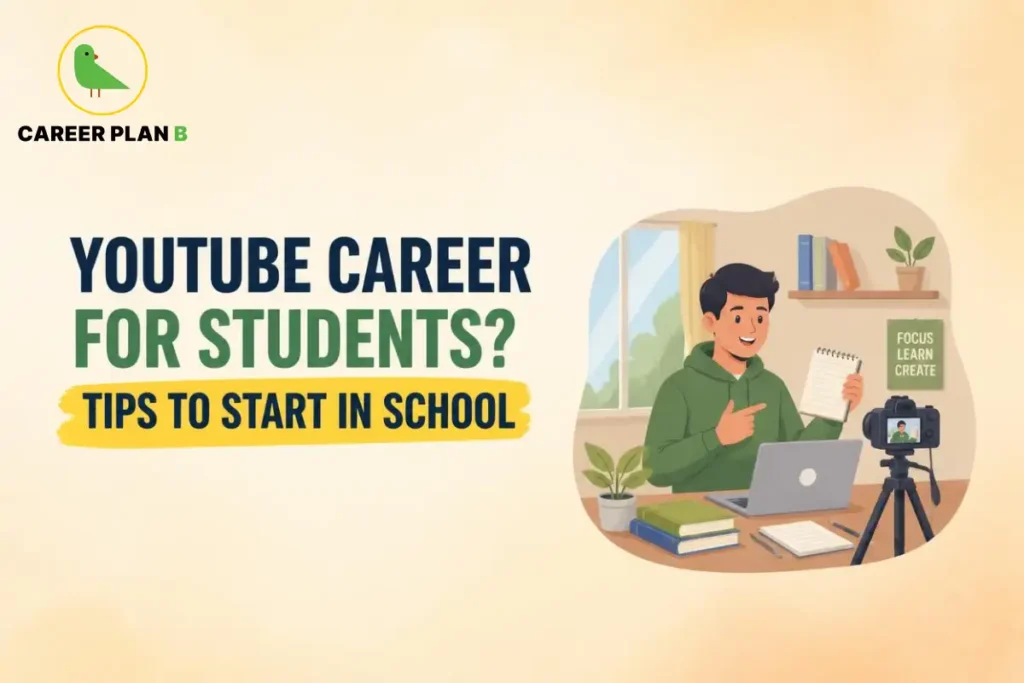 Career Plan B logo appears above a student recording a YouTube video with a camera and laptop.