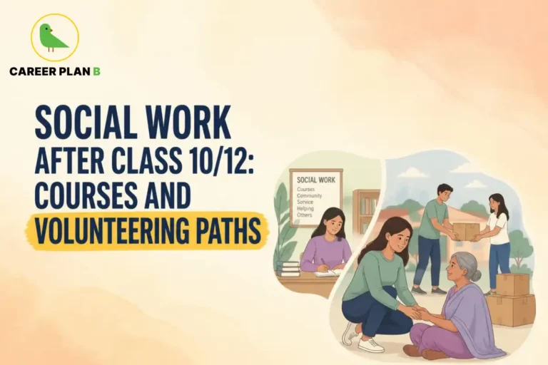 Career Plan B logo appears above illustrations of social work courses, volunteering, community service, and helping others.