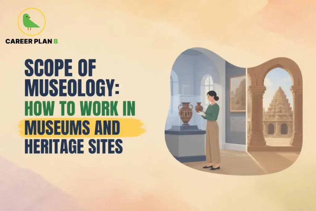 Career Plan B logo appears beside a museum display featuring artifacts and a heritage site.