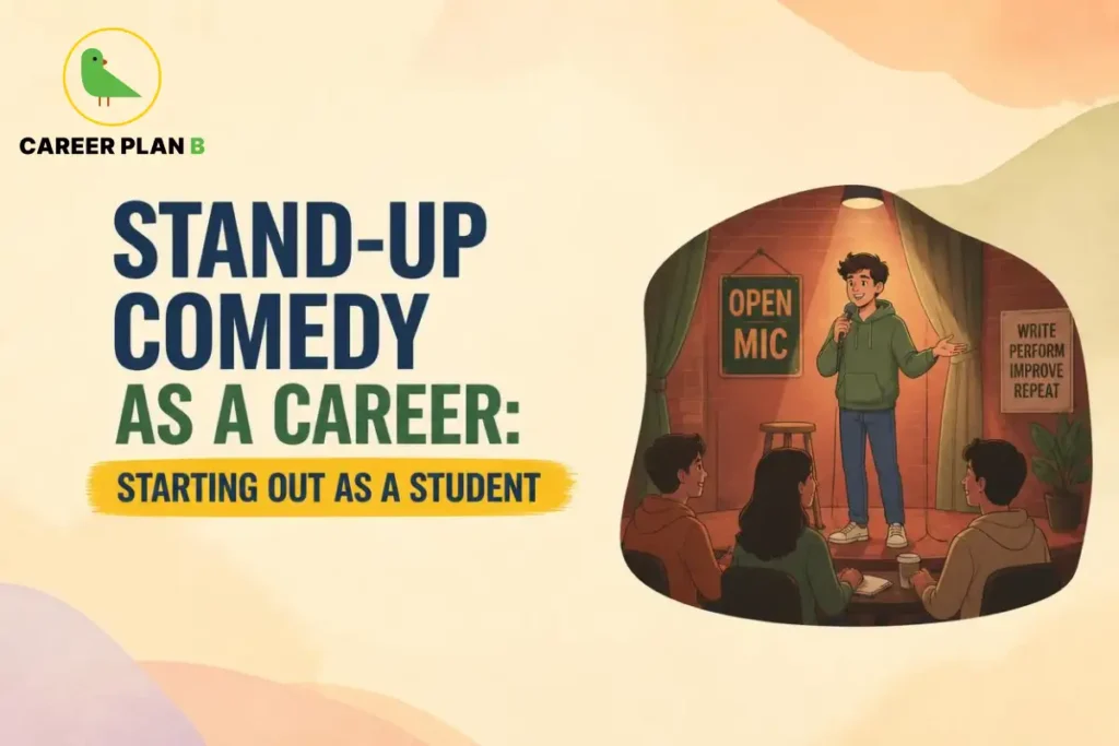 Career Plan B logo appears above a comedian performing on stage at an open-mic event.