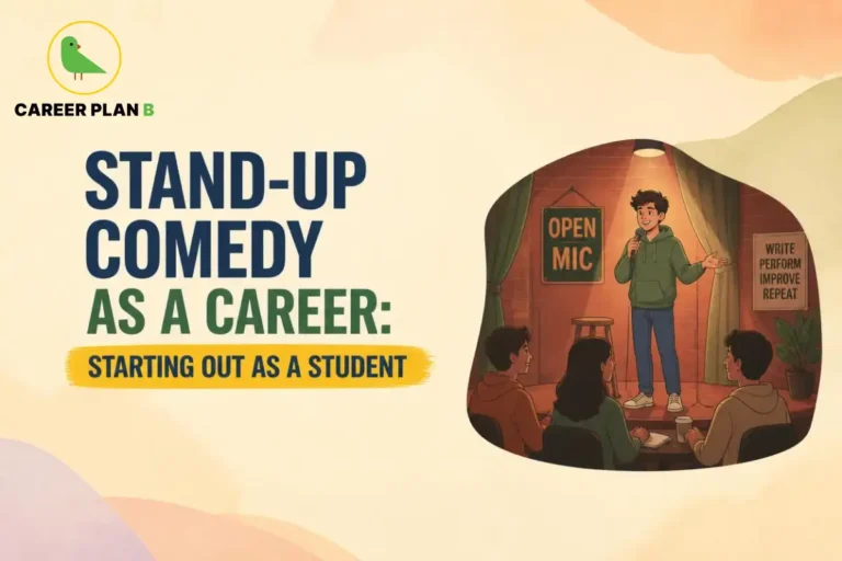 Career Plan B logo appears above a comedian performing on stage at an open-mic event.
