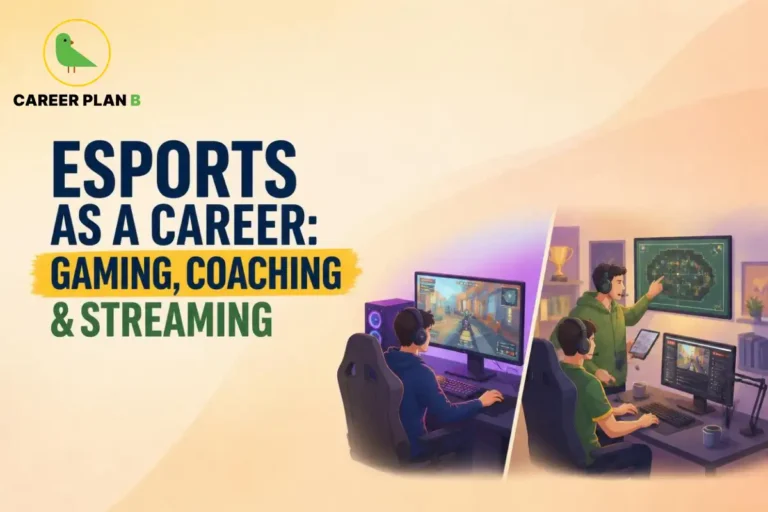 Career Plan B logo appears above illustrations of esports gaming, coaching, and streaming activities.