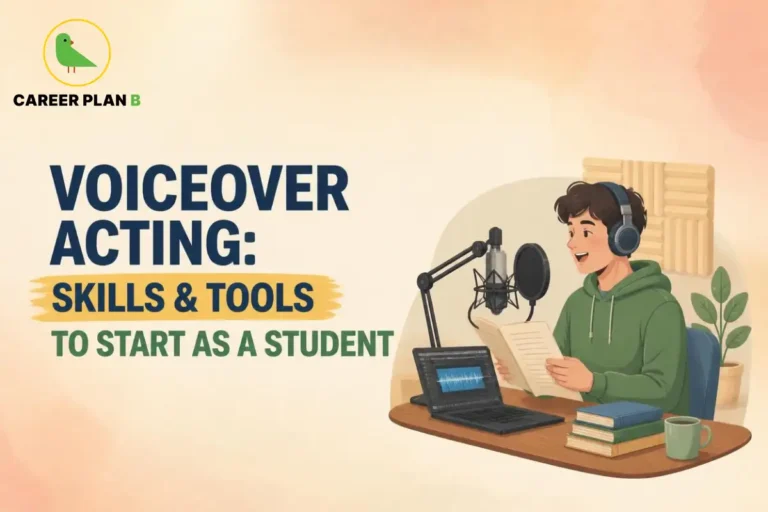 Career Plan B logo appears at the top left, with an illustration of a student recording voiceover using a microphone, headphones, and audio-editing software.