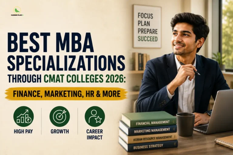 Best MBA specializations through CMAT colleges 2026 infographic highlighting finance, marketing, and HR for high pay, growth, and career impact, featuring a professional student at a desk with a laptop and textbooks, alongside the Career Plan B logo showing a green bird silhouette inside a gold circle.