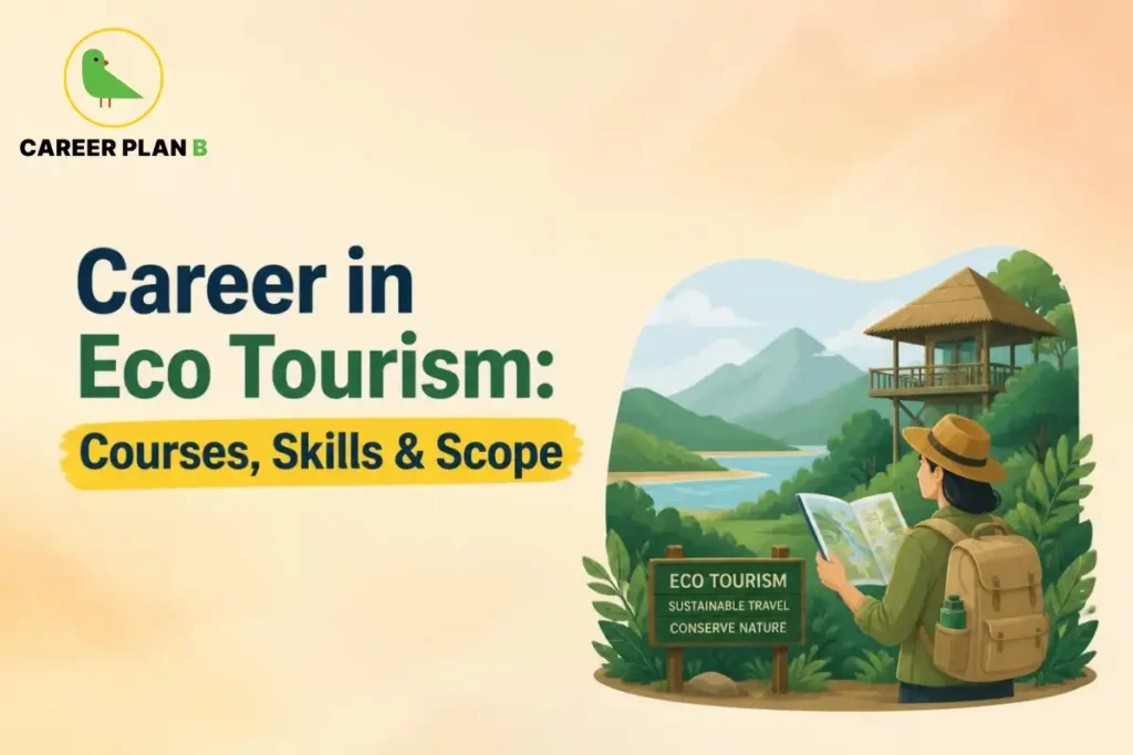 Career Plan B graphic titled “Career in Eco Tourism: Courses, Skills & Scope,” featuring a traveler exploring a scenic natural landscape with mountains, a lake, and an eco-tourism lodge.