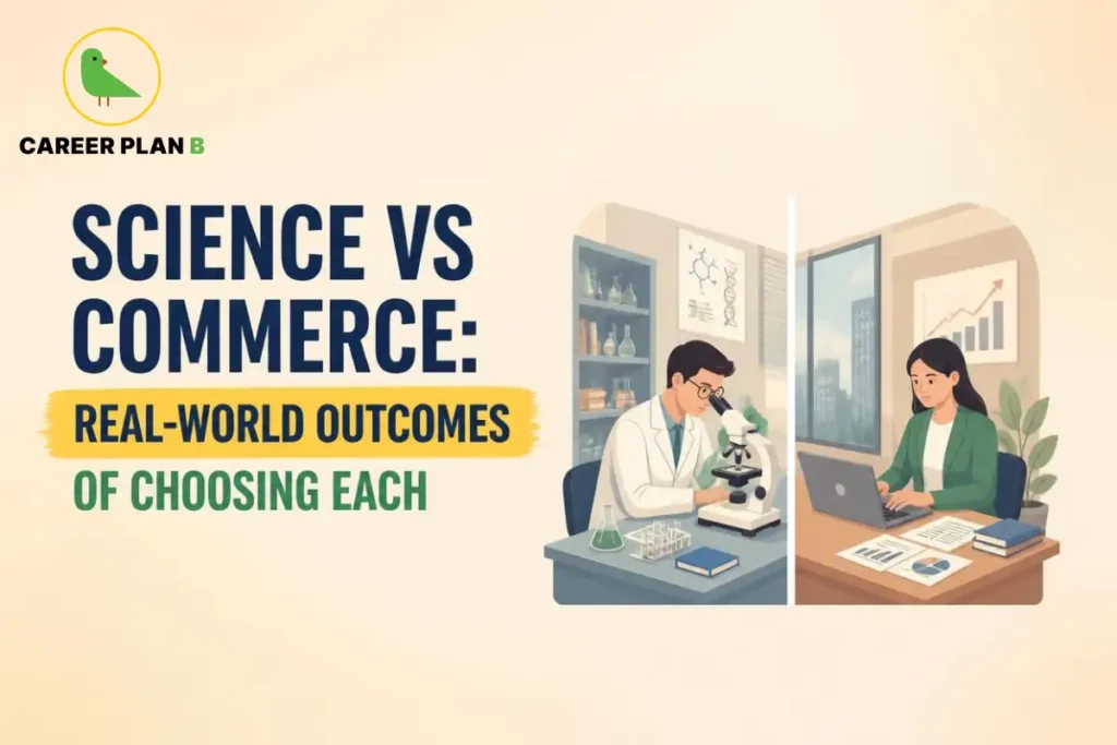 Science vs Commerce: real-world career outcomes of choosing each, illustrated with a science student conducting laboratory research and a commerce student working with business data.
