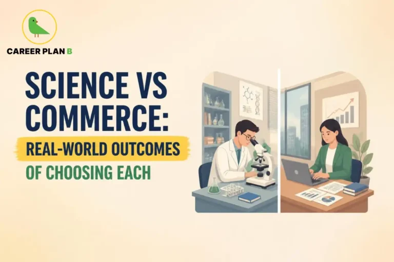 Science vs Commerce: real-world career outcomes of choosing each, illustrated with a science student conducting laboratory research and a commerce student working with business data.
