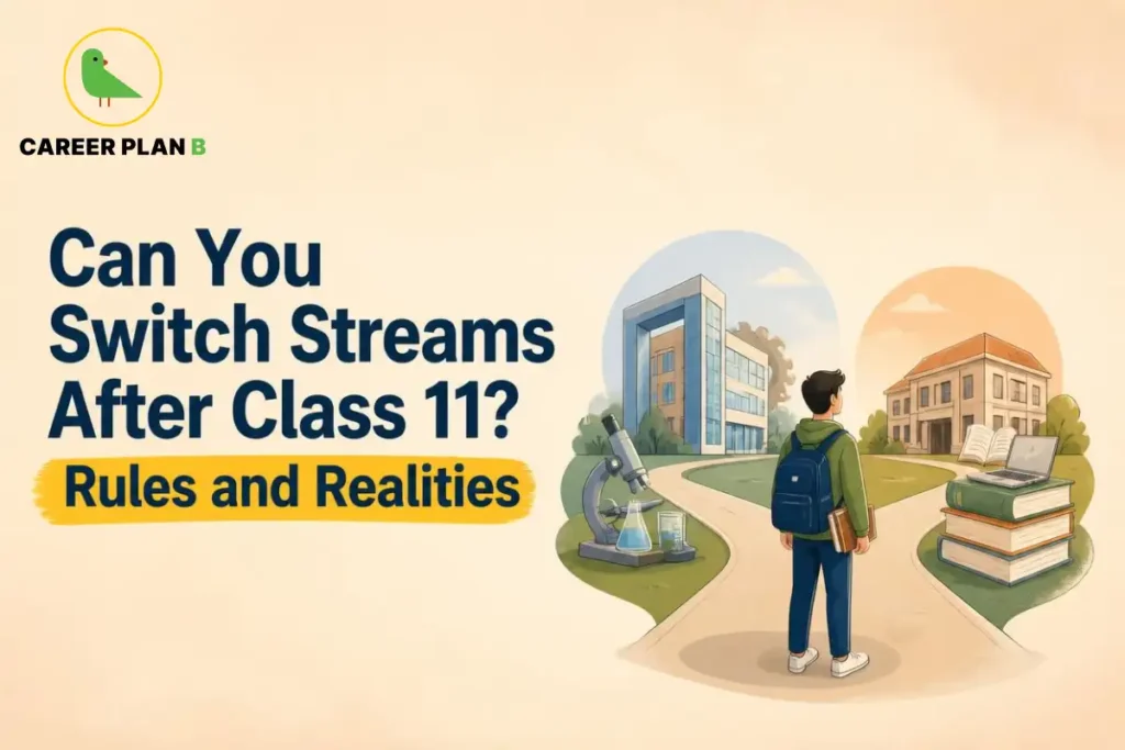 Can You Switch Streams After Class 11? Rules and Realities, showing a student choosing between science and commerce study paths.