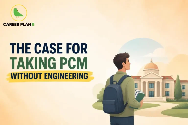The case for taking PCM without engineering, featuring a student with a backpack exploring a university campus.