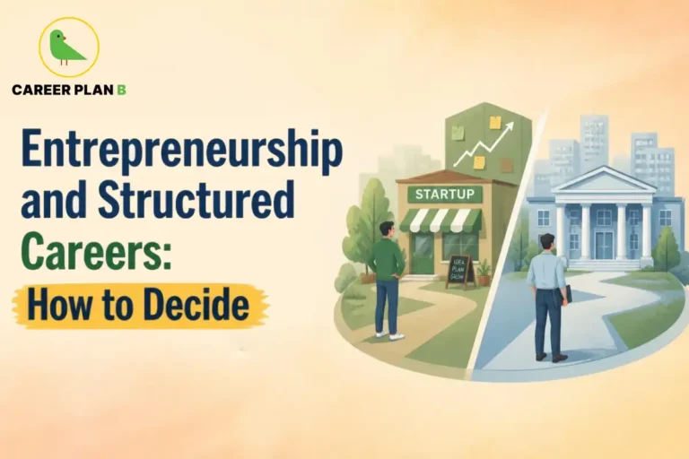 Entrepreneurship and structured careers: how to decide, showing two career paths for students—starting a business or pursuing a structured professional career.