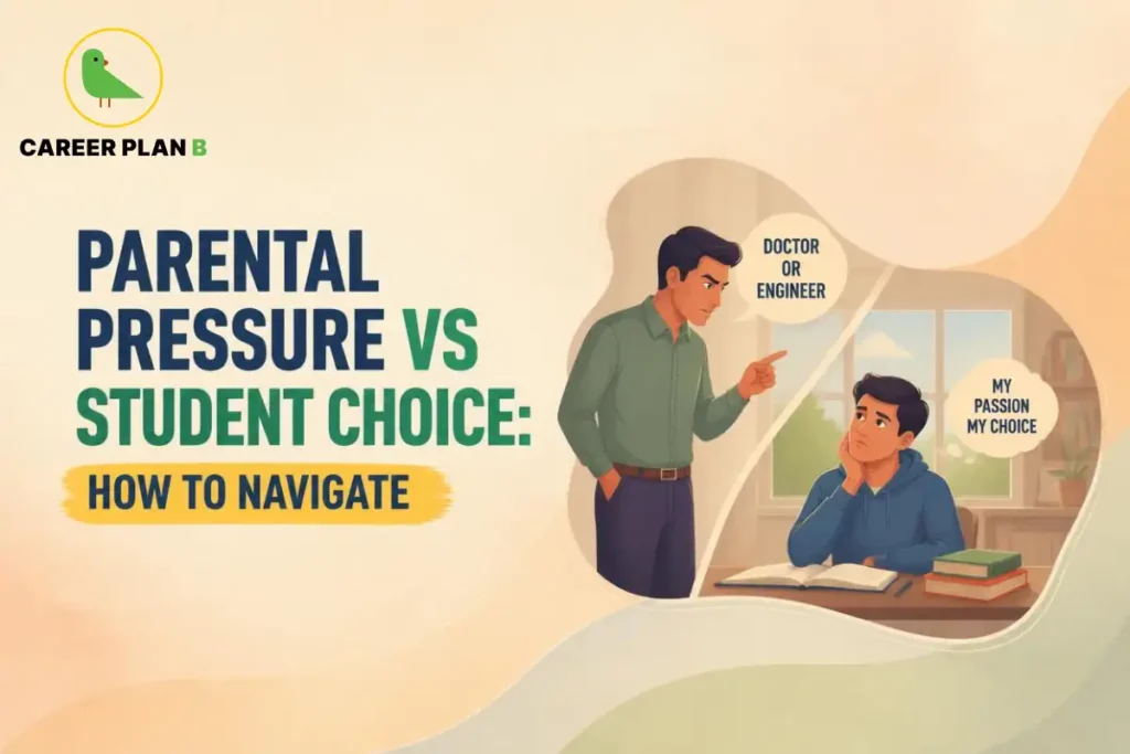 Parental pressure versus student choice shown through a parent suggesting careers while a student studies, featuring Career Plan B.