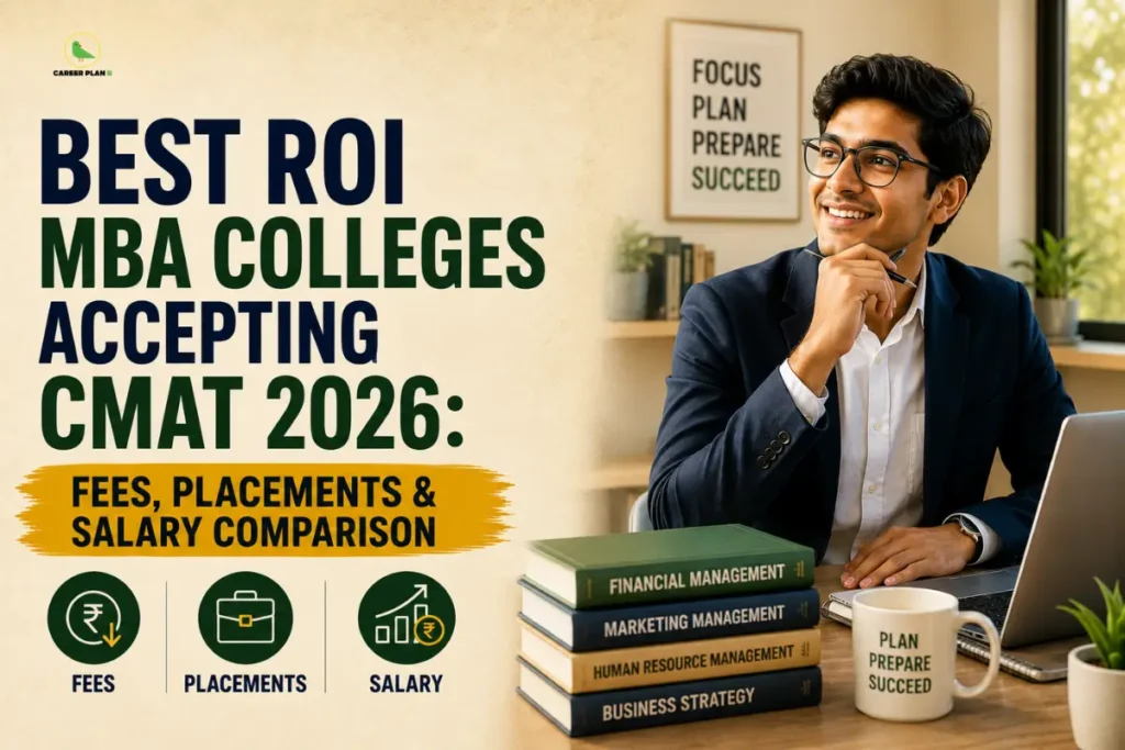 Best ROI MBA colleges accepting CMAT 2026 infographic highlighting fees, placements, and salary comparison, featuring a smiling professional student at a desk with business textbooks and a laptop, alongside the Career Plan B logo showing a green bird silhouette inside a gold circle.