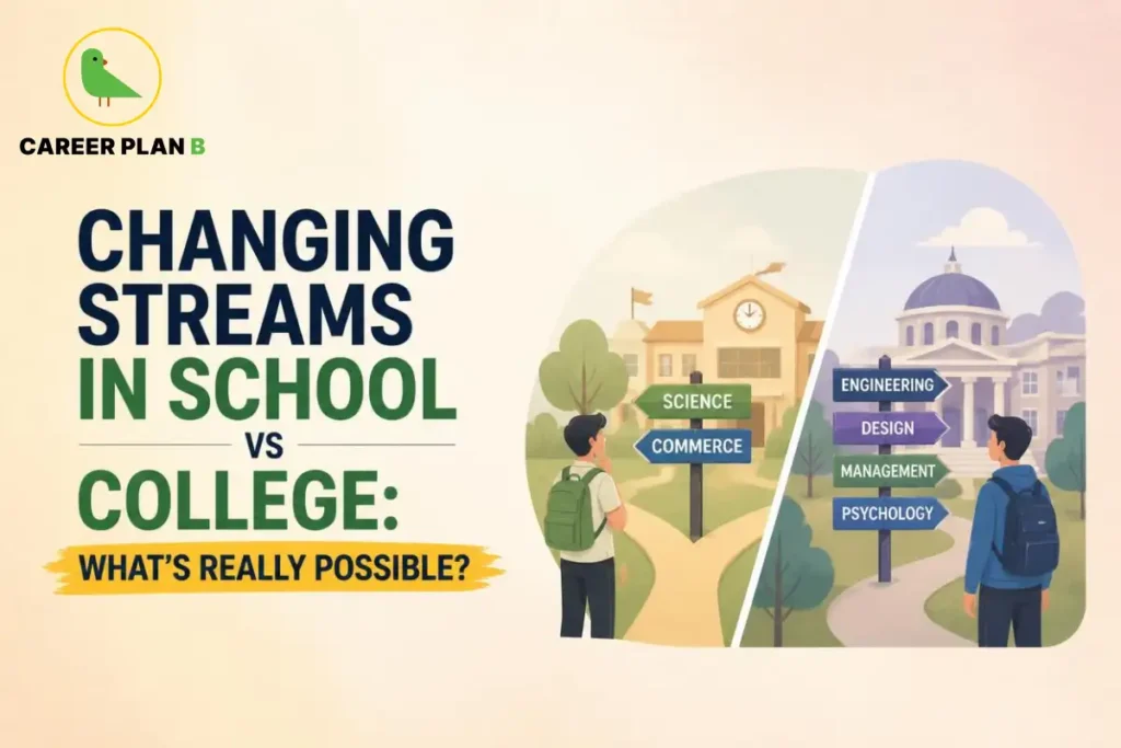 Changing streams in school versus college, showing students choosing Science, Commerce, Engineering, Design, Management, and Psychology, featuring Career Plan B.
