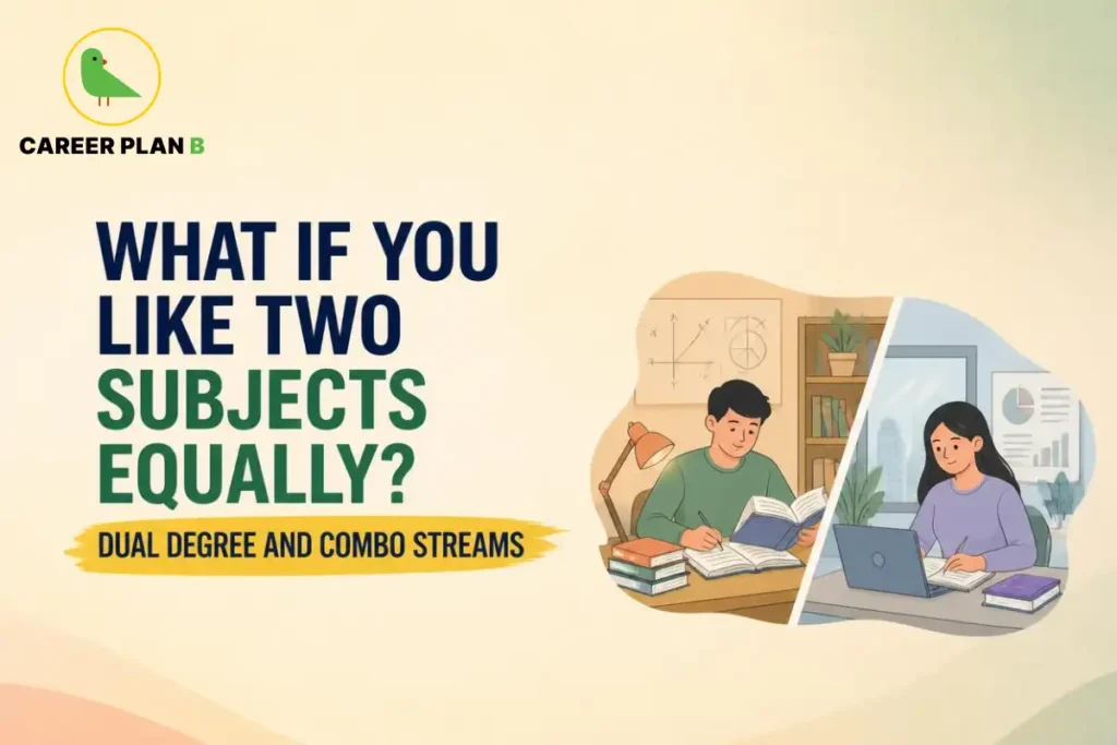 Dual degree and combo streams for students interested in two subjects, showing two students studying with books and a laptop, featuring Career Plan B.