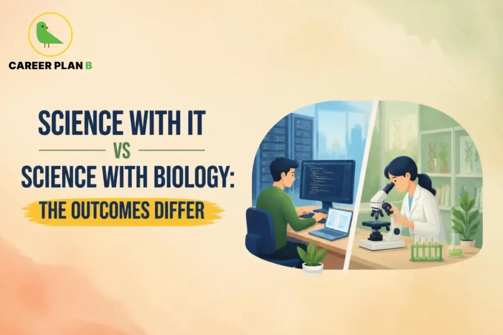 Science with IT versus science with biology, showing a student coding and another student using a microscope, featuring Career Plan B.