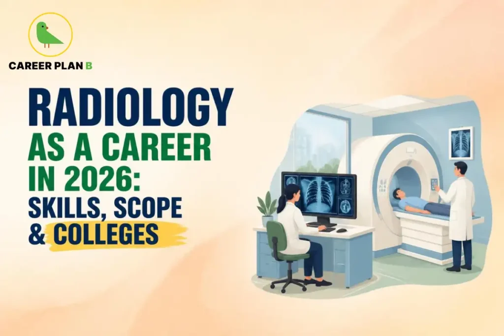 Radiology career in 2026 showing medical imaging professionals operating an MRI scanner and viewing X-ray images, featuring Career Plan B.