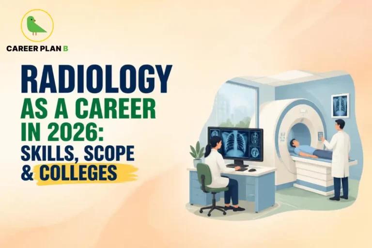 Radiology career in 2026 showing medical imaging professionals operating an MRI scanner and viewing X-ray images, featuring Career Plan B.
