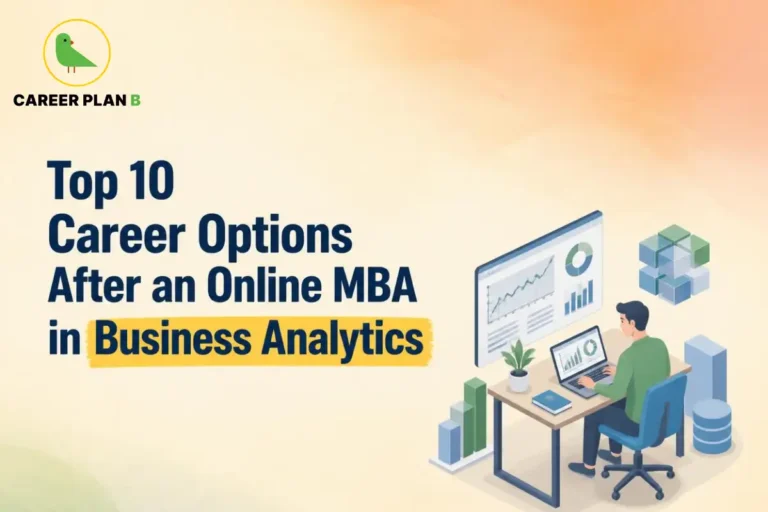 Top 10 career options after an Online MBA in Business Analytics, featuring a professional analyzing charts and data.