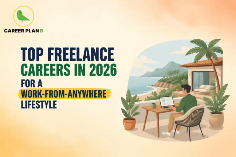 Top freelance careers in 2026 for a work-from-anywhere lifestyle, featuring a professional working remotely by the coast, with Career Plan B.