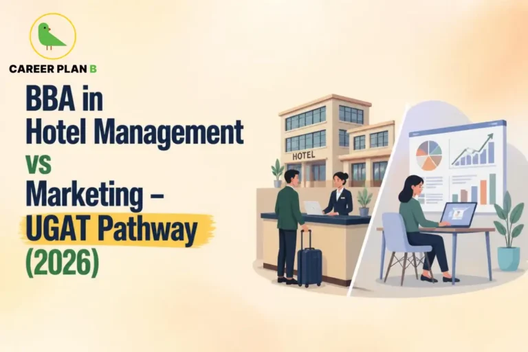 Career Plan B graphic comparing BBA in Hotel Management and Marketing through the UGAT pathway 2026.