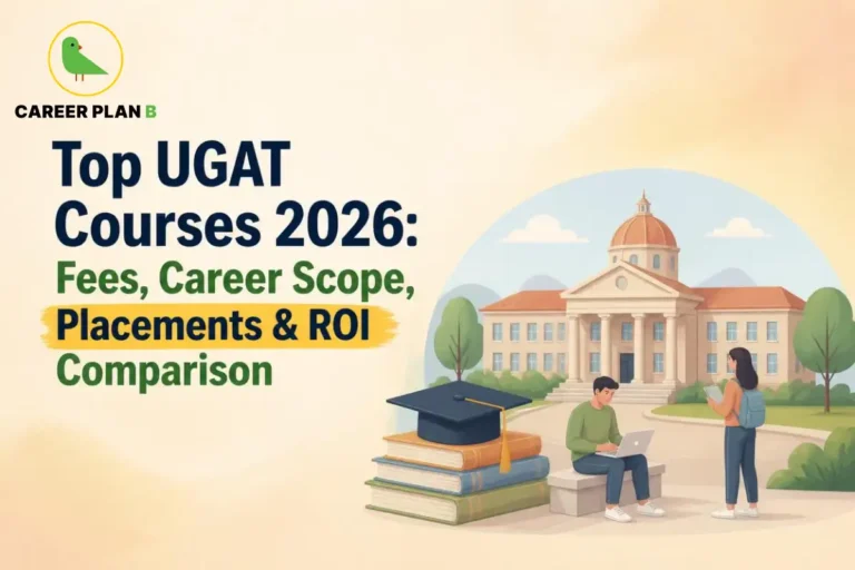 Career Plan B graphic showing top UGAT courses 2026 with fees, career scope, placements, and ROI comparison.