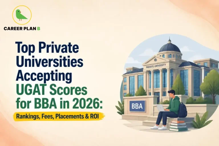 Career Plan B graphic showing private universities accepting UGAT scores for BBA in 2026, with rankings, fees, placements, and ROI.
