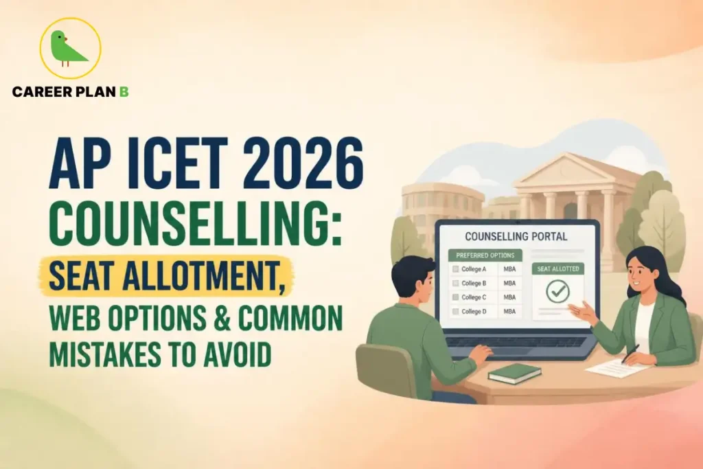 Career Plan B graphic showing AP ICET 2026 counselling, seat allotment, web options, and common mistakes to avoid