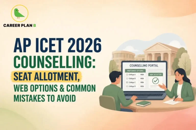 Career Plan B graphic showing AP ICET 2026 counselling, seat allotment, web options, and common mistakes to avoid