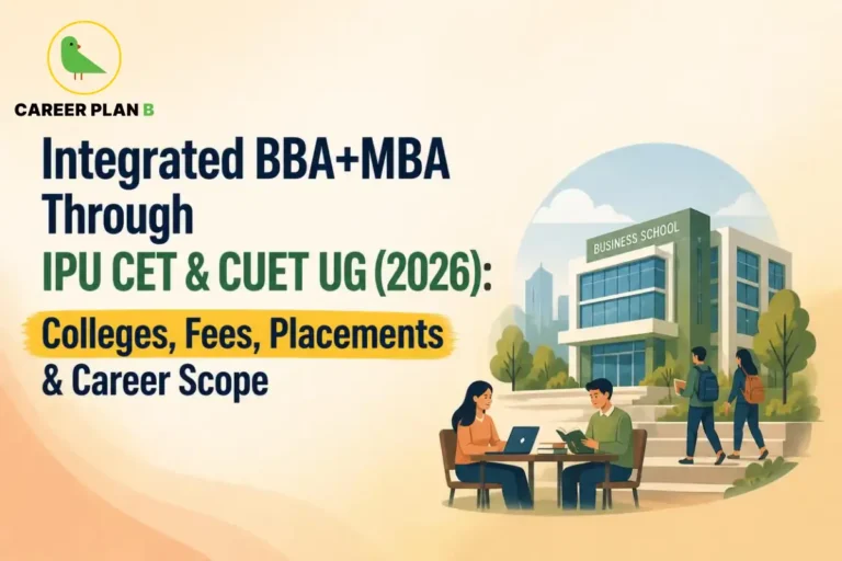 Career Plan B graphic showing integrated BBA MBA through IPU CET and CUET UG 2026, with colleges, fees, placements, and career scope.