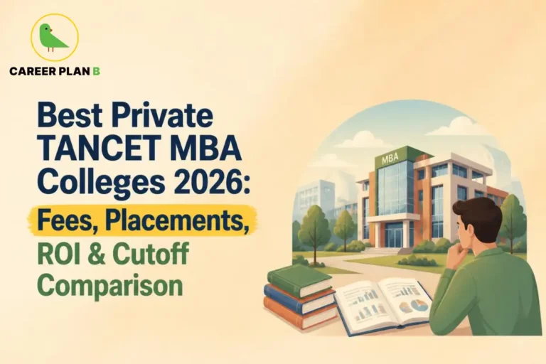 Career Plan B graphic showing best private TANCET MBA colleges 2026, with fees, placements, ROI, and cutoff comparison.