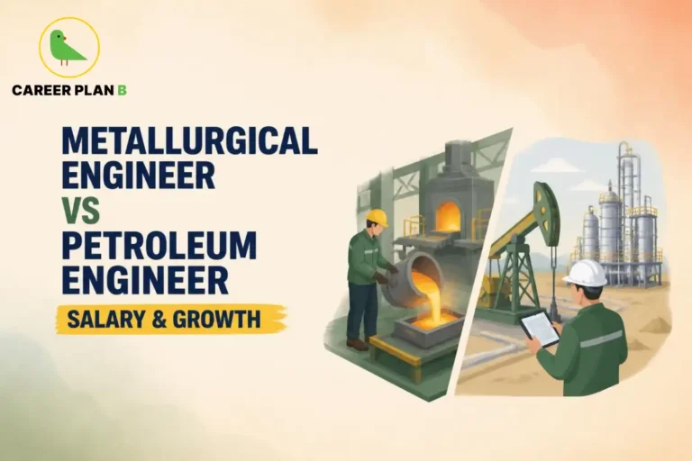 Illustration comparing Metallurgical Engineer vs Petroleum Engineer with metal casting and oil refinery operations.
