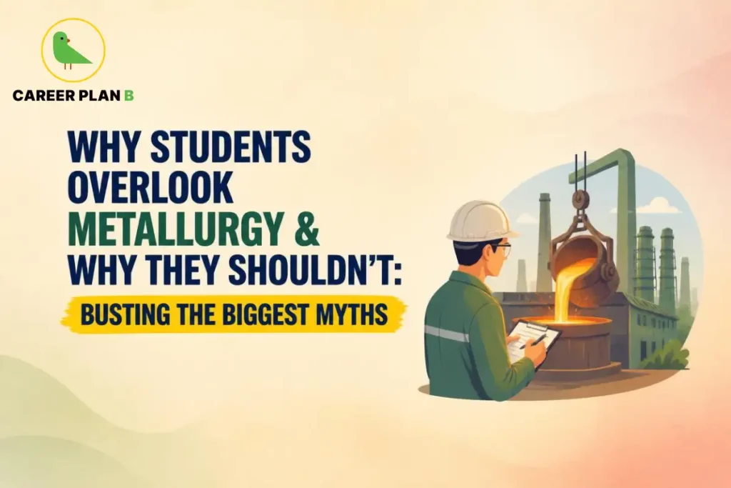 Illustration showing why students overlook metallurgy, featuring a metallurgical engineer inspecting molten metal in an industrial plant.