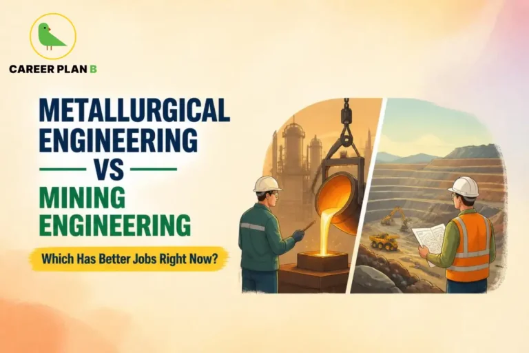 Illustration comparing Metallurgical Engineering vs Mining Engineering with molten metal processing and open-pit mining operations.