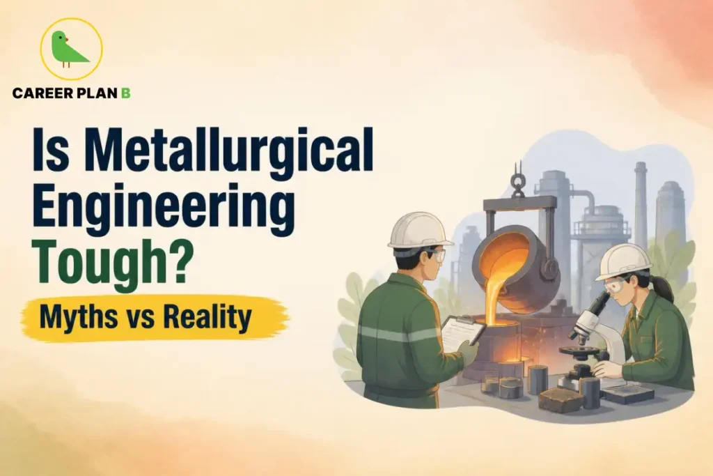 Illustration showing whether Metallurgical Engineering is tough, featuring metal casting, laboratory testing, and engineers at work.