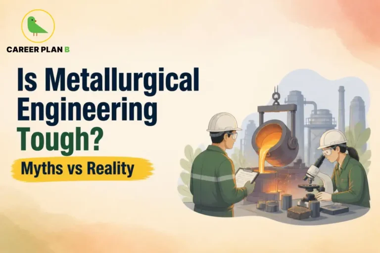 Illustration showing whether Metallurgical Engineering is tough, featuring metal casting, laboratory testing, and engineers at work.