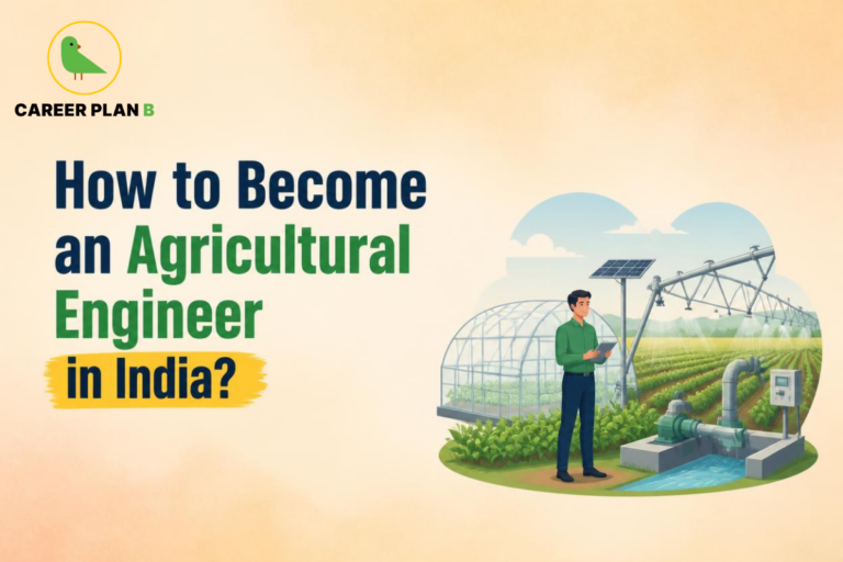 Illustration of how to become an agricultural engineer in India featuring smart irrigation, greenhouse farming, and modern agricultural technology.