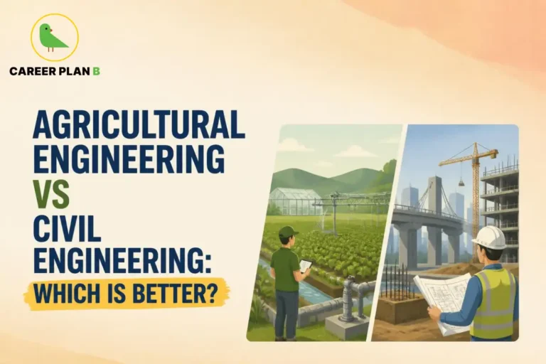Illustration comparing Agricultural Engineering vs Civil Engineering with smart farming, irrigation systems, and infrastructure construction.