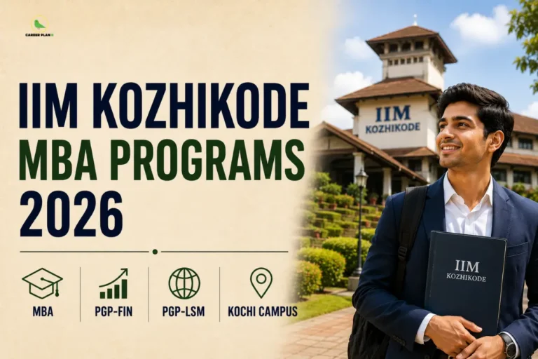 IIM Kozhikode MBA Programs 2026 infographic highlighting MBA, PGP-FIN, PGP-LSM, and Kochi Campus courses, featuring a smiling professional student in front of the IIM Kozhikode campus building, alongside the Career Plan B logo showing a green bird silhouette inside a gold circle.