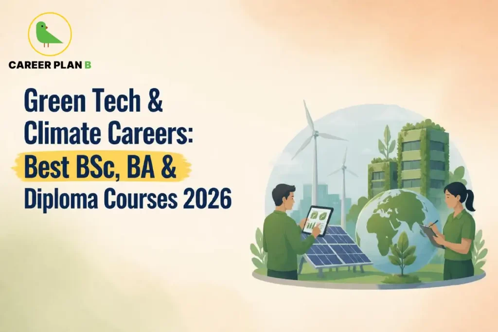 Career Plan B graphic about green technology, climate careers, and BSc, BA, and diploma courses
